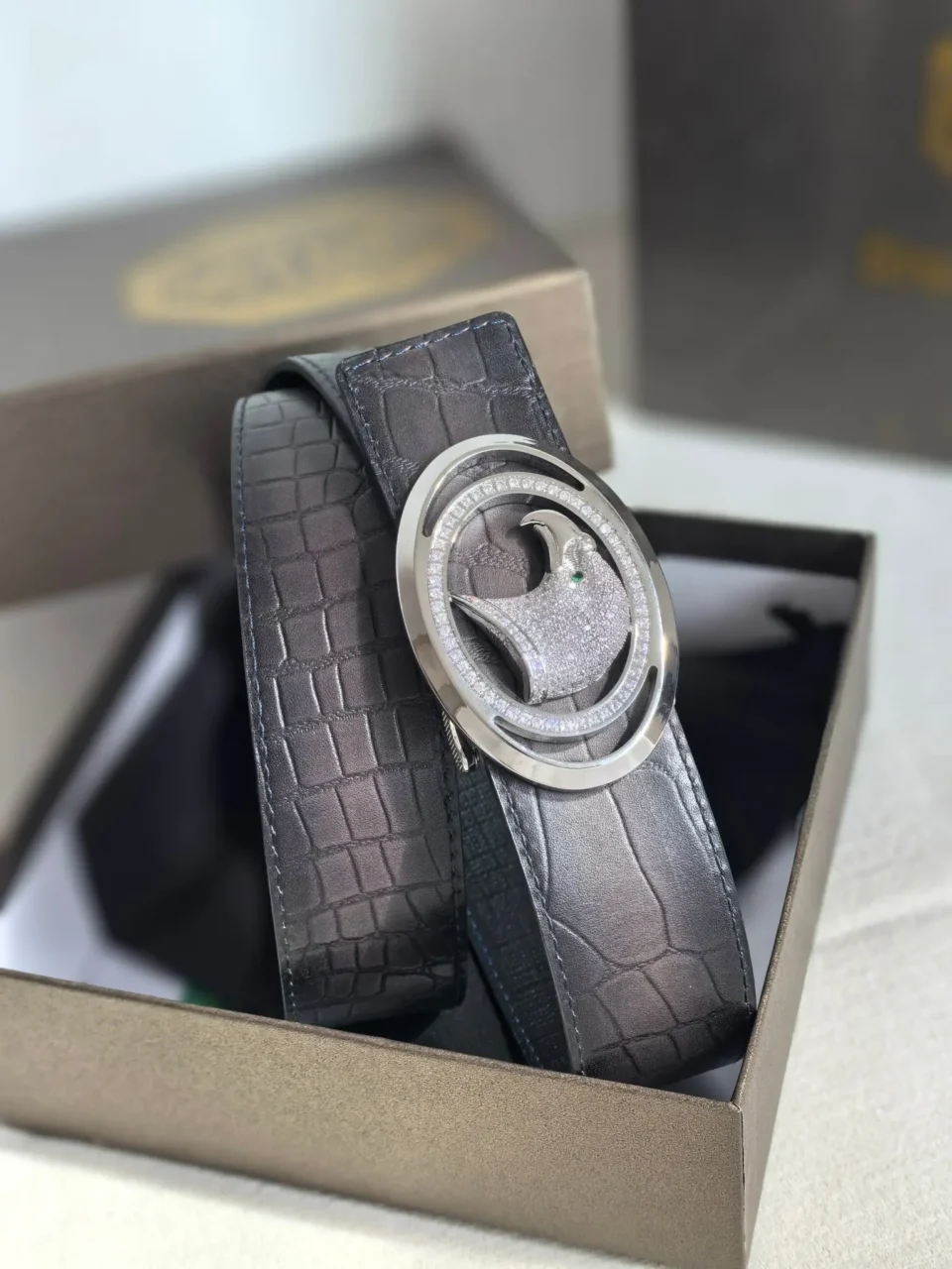 Bvlgari belt black crocodile leather silver buckle with crystal detailing luxury accessory