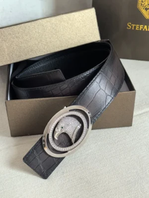 Luxury Stefano Ricci 3.8cm leather belt with ornate silver buckle in presentation box.