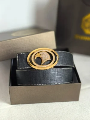 Luxury Stefano Ricci men's leather belt in a gift box, featuring a gold logo buckle and elegant black texture, symbolizing high-end craftsmanship and style.