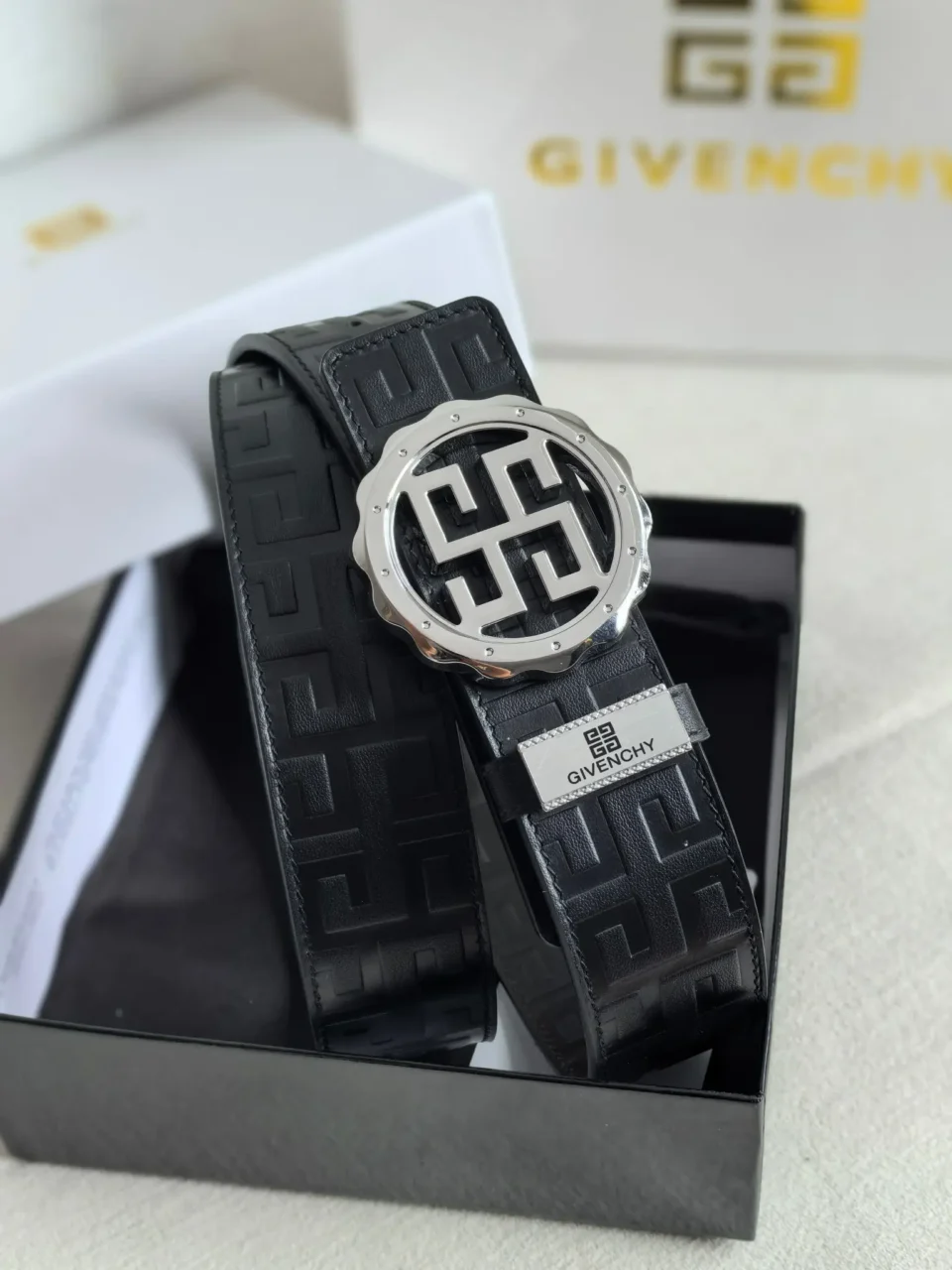 Givenchy belt black leather silver-tone logo buckle designer accessory