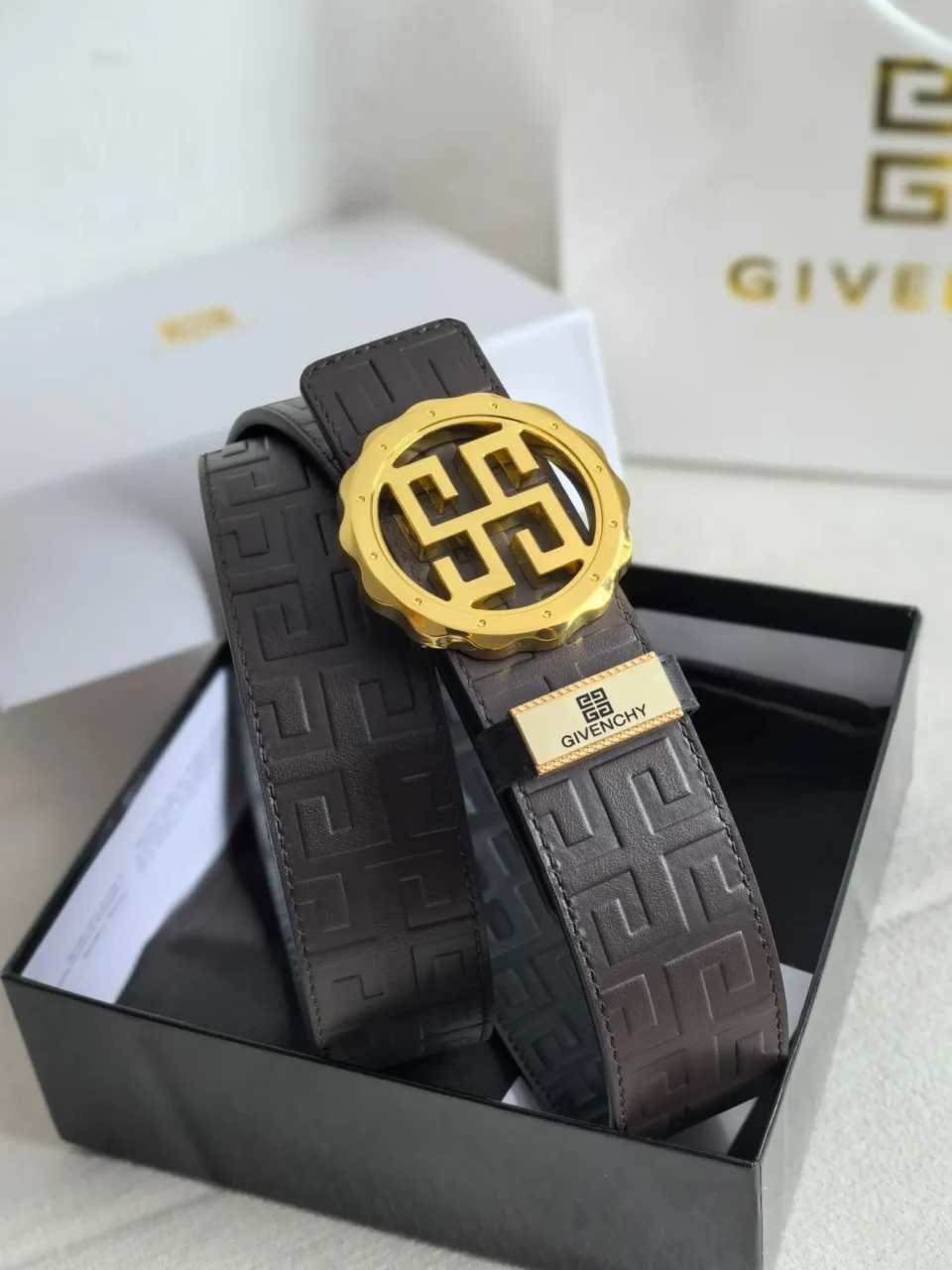 Givenchy leather belt black gold-tone metal logo buckle embossed pattern accessory