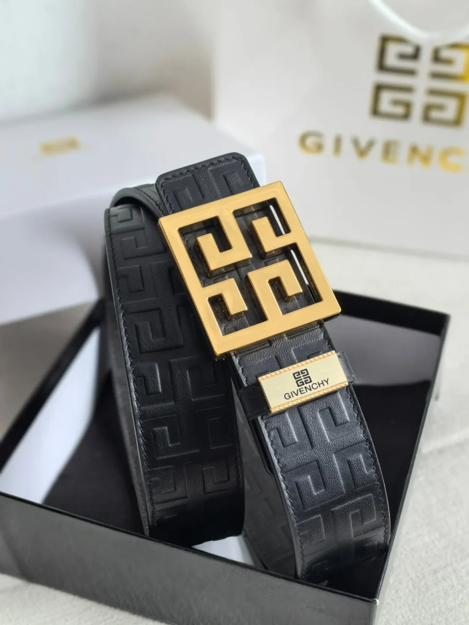 Givenchy belt black leather geometric gold buckle luxury accessory