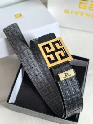 Givenchy belt black leather embossed pattern gold square buckle