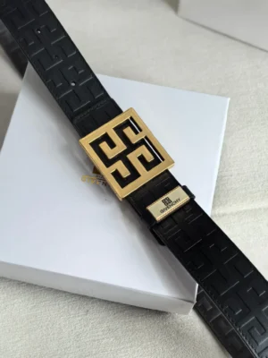 Givenchy embossed black leather belt gold-tone buckle with signature logo plaque accessory