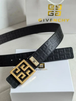 Givenchy belt black leather gold-tone logo buckle embossed design