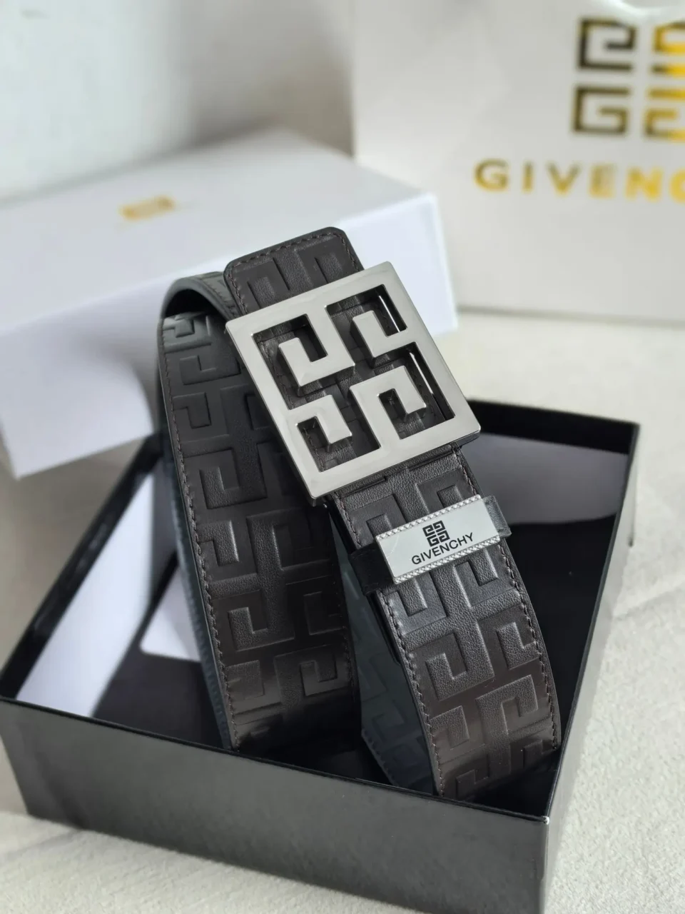 Givenchy belt black leather embossed pattern silver metal buckle designer accessory
