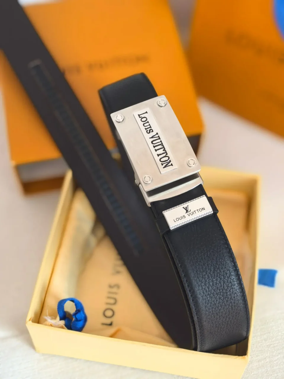 Louis Vuitton belt black leather silver metal buckle designer accessory luxury style