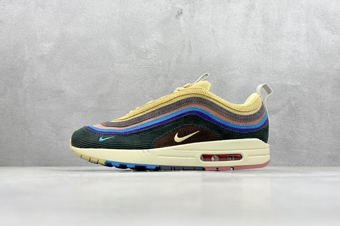 Nike Air Max 1/97 Sean Wotherspoon multicolor corduroy sneakers with cream sole and red air unit