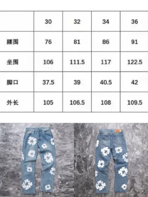 Denim Tears Water Washed Embroidery Vintage jeans with floral designs, size chart for waist and length measurements, showcasing stylish vintage denim.