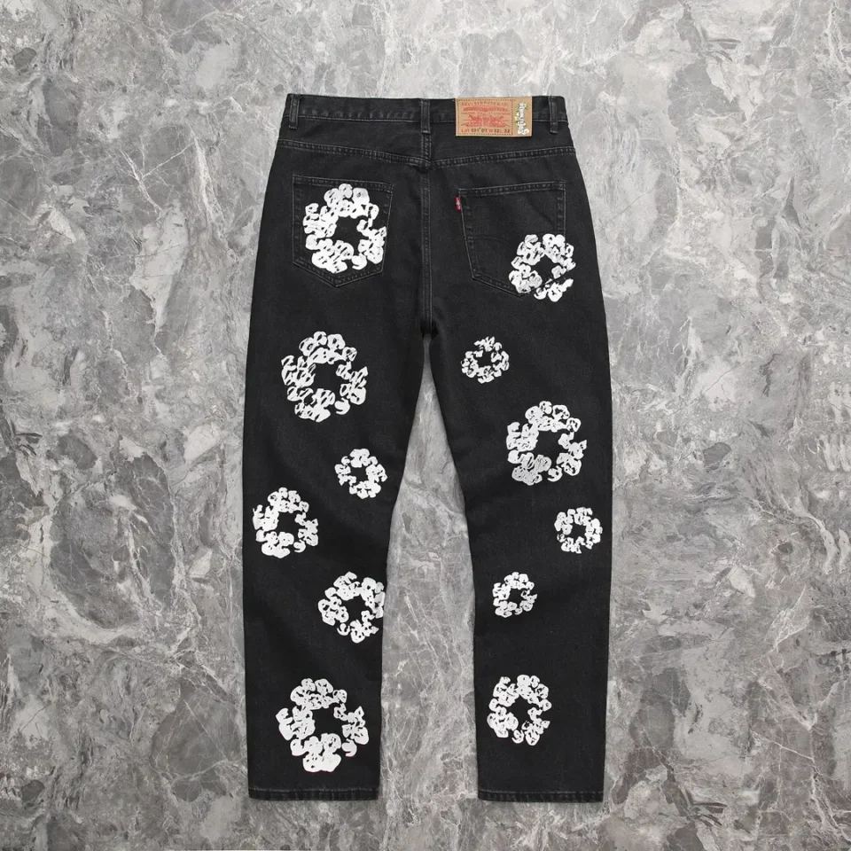 Levi's 501 black denim jeans white floral print cotton material