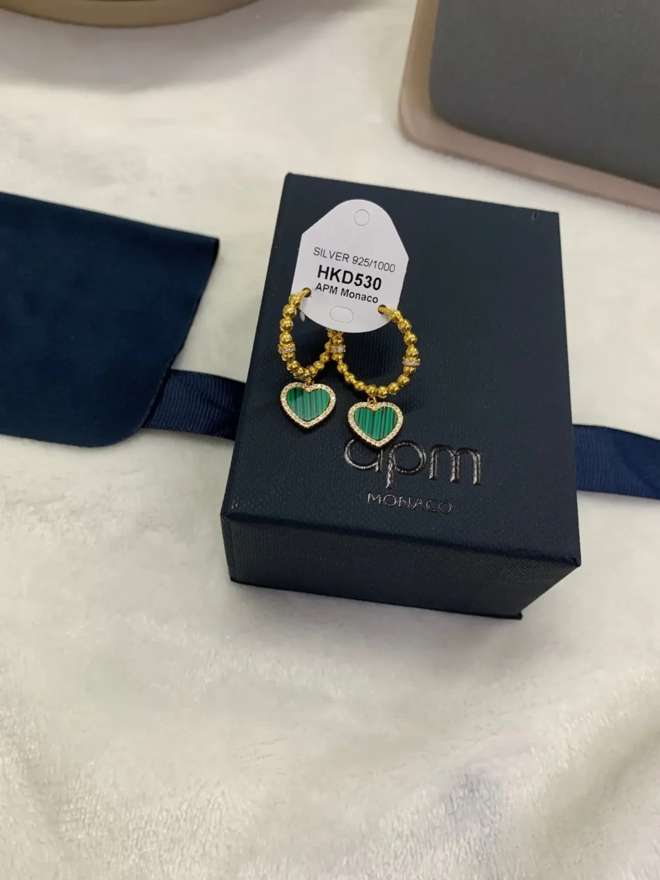 APM Monaco hoop earrings green heart pendant gold silver 925 material