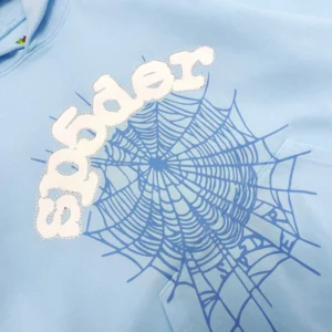 Soapbar pullover hoodie light blue cotton with white logo and blue spiderweb graphic design