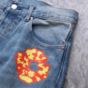 Levi's 501 original fit jeans blue denim with orange and yellow flame graphic print cotton material