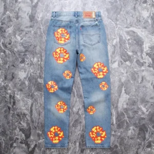 Levi's 501 blue denim jeans with orange and yellow floral embroidery cotton material