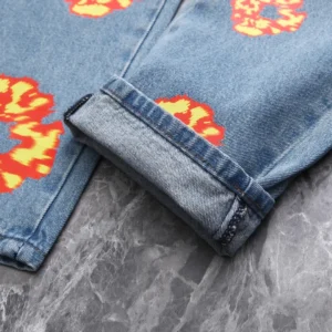 Levi's 501 original fit jean light blue denim with orange and yellow flame print cotton material