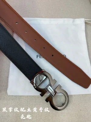 Ferragamo belt black textured leather brown smooth leather strap silver double G buckle accessory