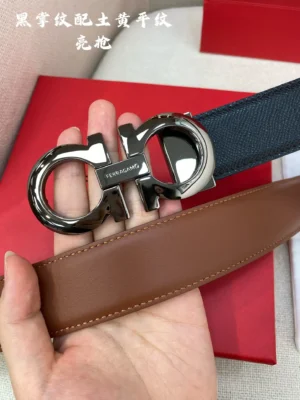 Ferragamo belt brown leather navy textured leather strap black polished buckle accessory