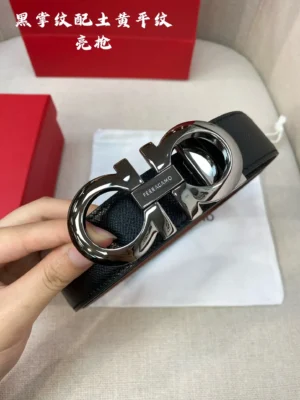 Ferragamo belt black leather with silver double Gancini buckle accessory