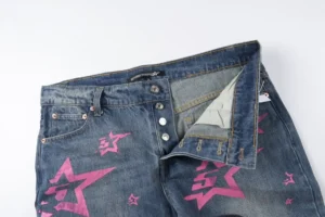 Repsgoat denim jeans blue cotton with pink star print button fly design