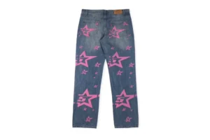 Bape Star Pattern Denim Jeans blue cotton denim with all-over pink star graphic print