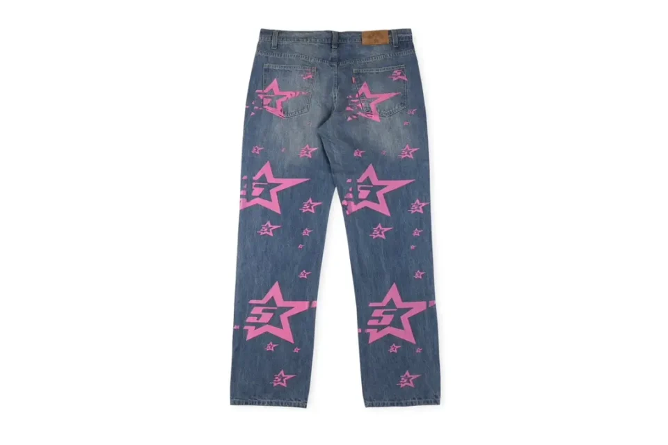 Bape Star Pattern Denim Jeans blue cotton denim with all-over pink star graphic print