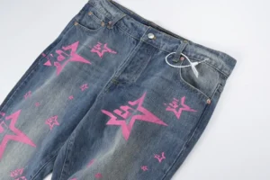 Amiri Denim Jeans blue with pink star print high-quality cotton material