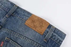 Worldwise denim jeans blue cotton with leather patch and star logo on waistband