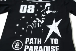 Path To Paradise black graphic t-shirt with white printed design made from soft cotton material