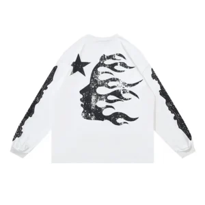 Hellstar White Long Sleeves shirt featuring graphic prints of flames and a star design on the back, showcasing a unique artistic style.