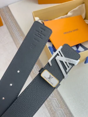 Louis Vuitton Initiales 100 black textured leather belt silver LV buckle with gold-accented logo tag