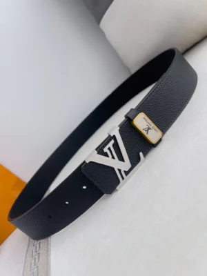 Louis Vuitton belt black leather silver LV buckle gold logo plaque accessory