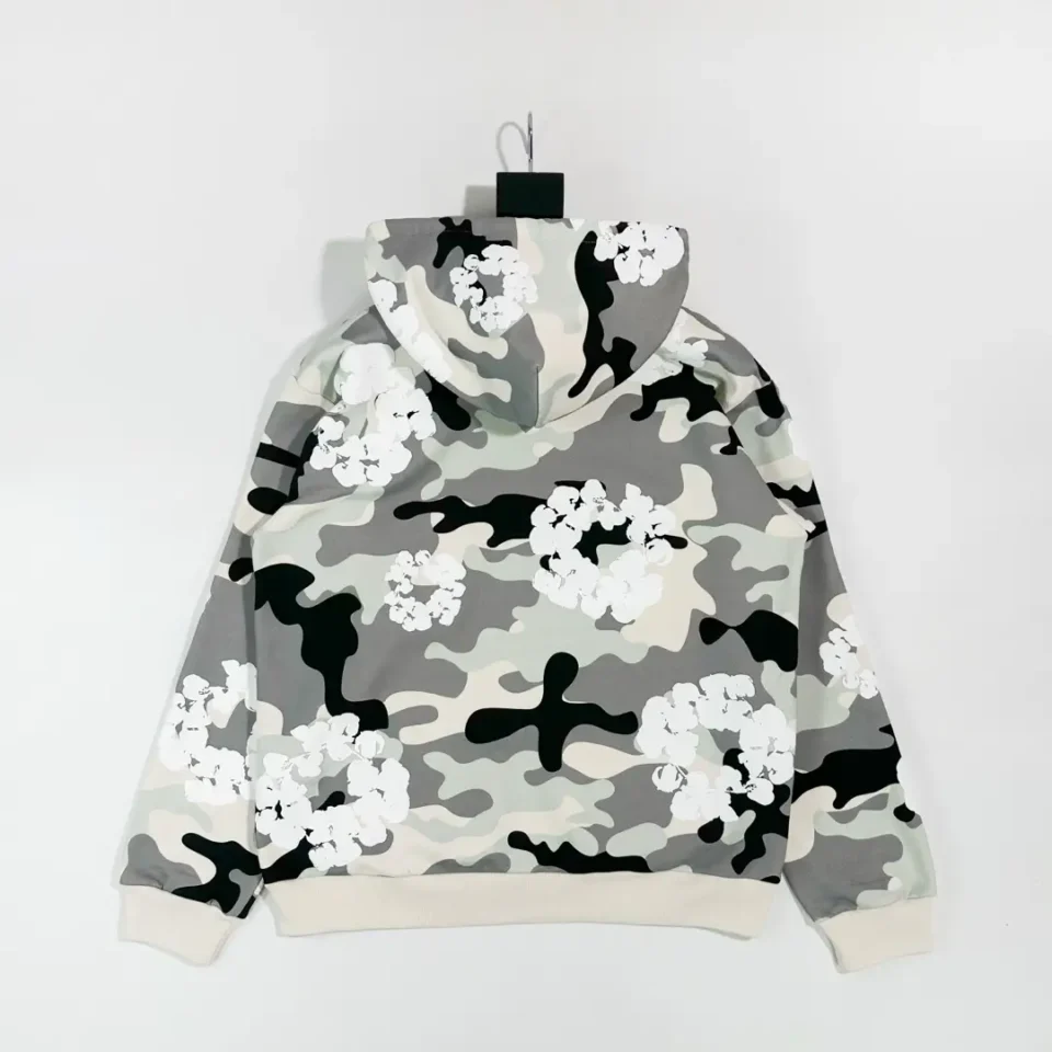 No brand visible camo hoodie with white floral patterns in gray, black, and beige cotton material