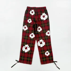 Repsgoat plaid pants red green with white floral print cotton blend fabric and adjustable ankle ties