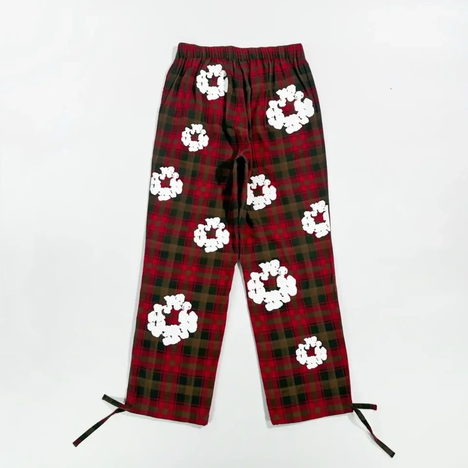 Repsgoat plaid pants red green with white floral print cotton blend fabric and adjustable ankle ties