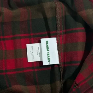 Denim Tears flannel shirt red black green plaid 100% cotton made in Portugal label close-up