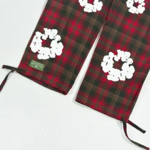 Denim Tears pants red green plaid cotton fabric with white floral print and drawstring hem