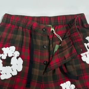 Unknown brand plaid pants red green cotton fabric with white floral print and button fly closure