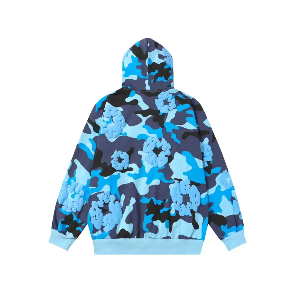 Repsgoat hoodie blue camo print cotton fleece pullover with front pouch pocket and hood
