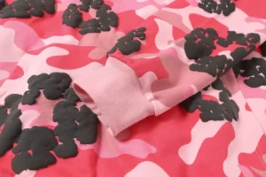 Bape Shark Hoodie pink camo cotton sweatshirt with ribbed cuffs and black raised logo pattern