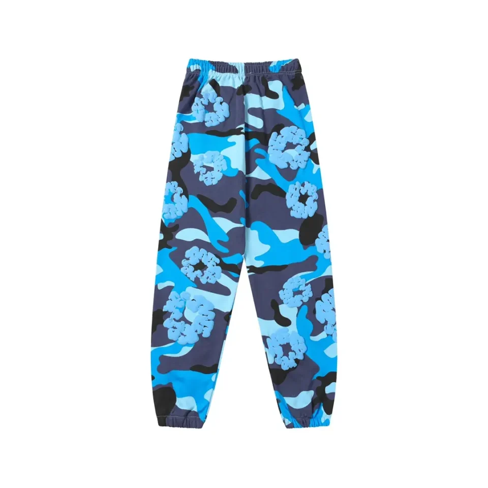 No brand or product type specified, but following structure and details: blue camo casual pants with elastic cuffs, cotton material.