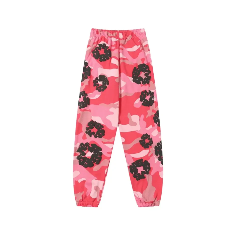 No brand or product details provided for the pink and black camouflage pants, please provide brand, model, color, and material for optimized alt text.