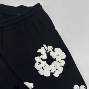 None of the specified product categories fit this image of black pants with white floral print and elastic waistband, so no SEO alt text can be generated.