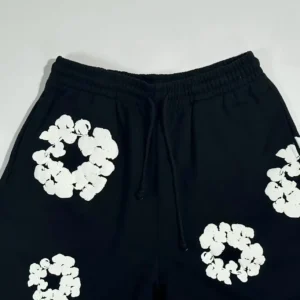 Repsgoat sweatpants black cotton with white floral wreath prints and elastic waistband with drawstring