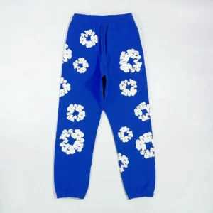 No brand visible blue sweatpants with white floral circle patterns cotton material