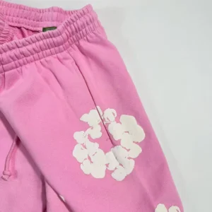 Sunday Off Club sweatpants pink cotton fleece with white floral print and elastic waistband