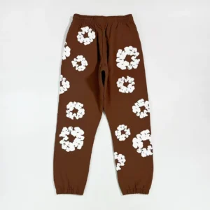 No brand indicated brown sweatpants with white floral print cotton material