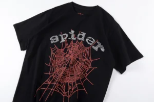 Spider black T-shirt red and white rhinestone spiderweb graphic cotton material