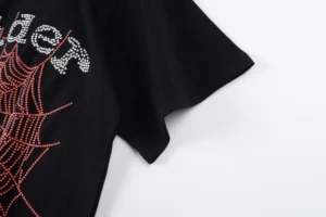Spider black cotton T-shirt with red and white rhinestone spider web design and logo detail