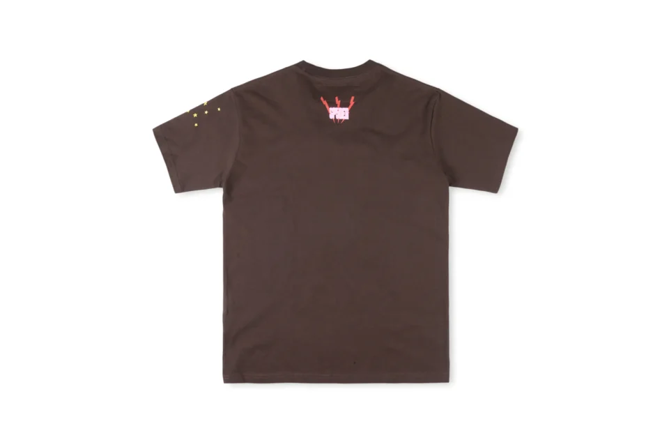Supreme T-shirt brown cotton with small pink logo and yellow star accents on sleeve and back collar