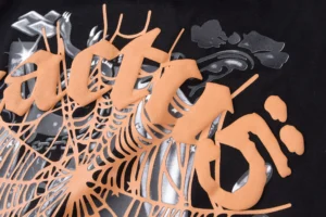 Repsgoat graphic t-shirt black cotton fabric with orange embossed design and gray skeleton print